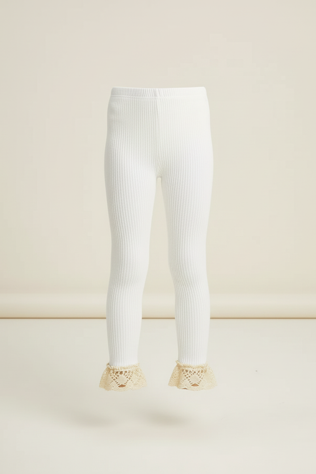 Pantalon Blanc Côtelé Tricoté Dentelle Enfant Fille - Maille - vue 3