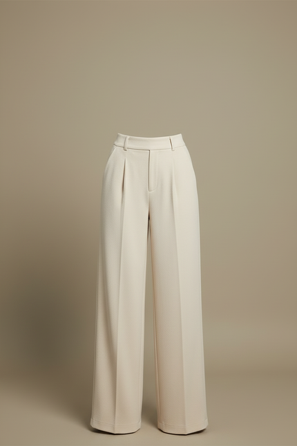 Pantalon Blanc Laine Large Taille Haute Drapé Femme - Beige - vue 3