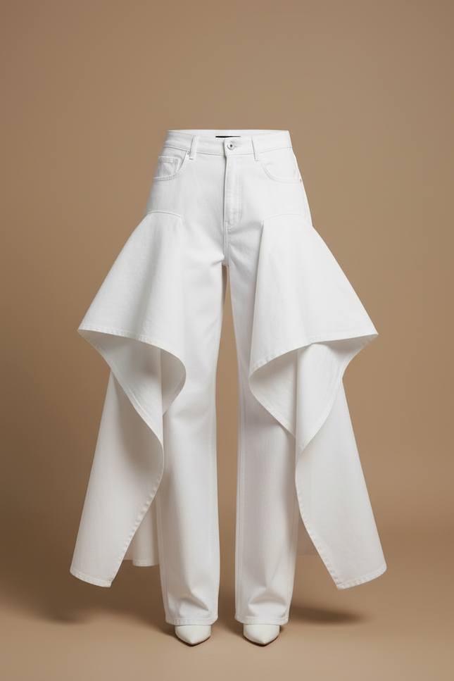 Pantalon Blanc Plissé Évasé Fluide Élégant Femme - Jean - vue 3