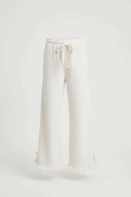 Pantalon Blanc Côtelé Pompons Enfant Ample - Maille - vue 3