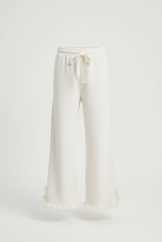 Pantalon Blanc Côtelé Pompons Enfant Ample - Maille - vue 3