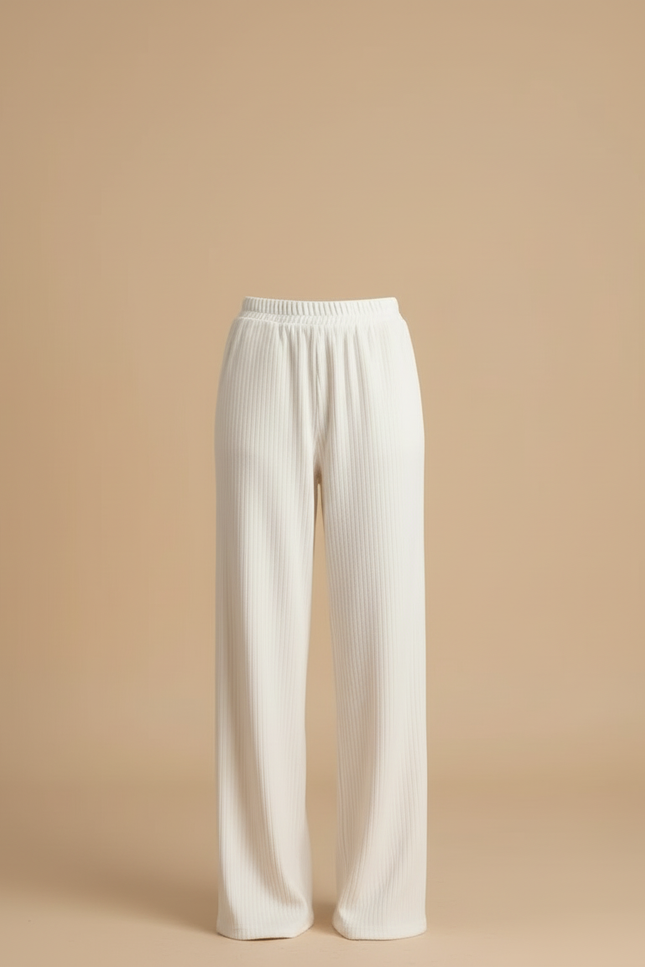 Pantalon Blanc Côtelé Ample Taille Haute Décontracté - Maille - vue 3