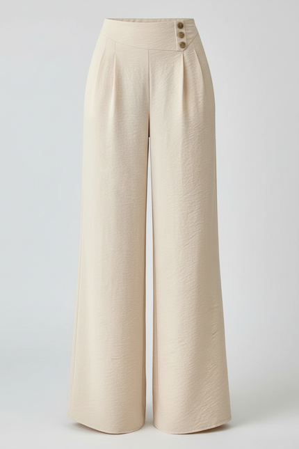 Pantalon Blanc Large Fluide Taille Haute Boutons - Beige Viscose - vue 3