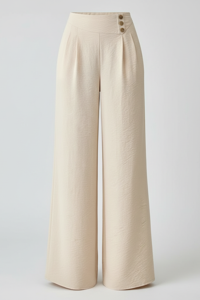 Pantalon Blanc Large Fluide Taille Haute Boutons - Beige Viscose - vue 3