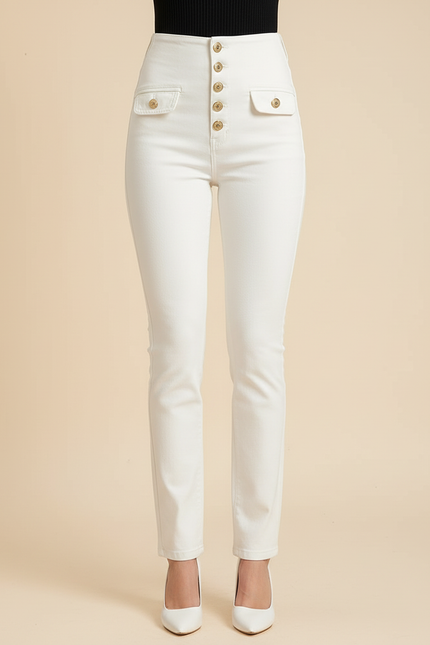 Pantalon Blanc Slim Taille Haute Boutons Dorés - Jean - vue 3