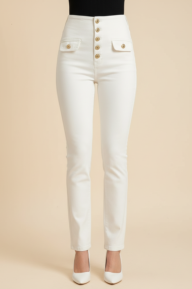 Pantalon Blanc Slim Taille Haute Boutons Dorés - Jean - vue 3