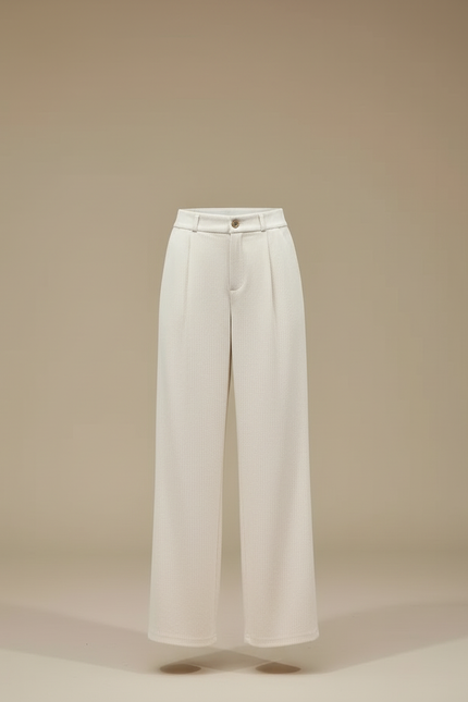 Pantalon Blanc Côtelé Plissé Droit Élégant Femme - Beige Cordé - vue 3