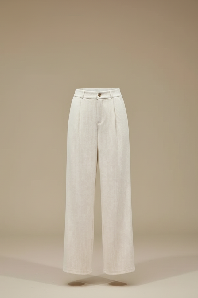 Pantalon Blanc Côtelé Plissé Droit Élégant Femme - Beige Cordé - vue 3