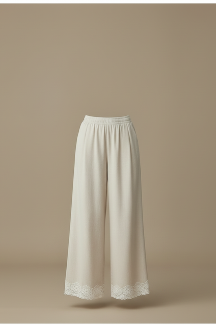 Pantalon Blanc Ample Dentelle Décontracté Femme - Beige Lin - vue 3