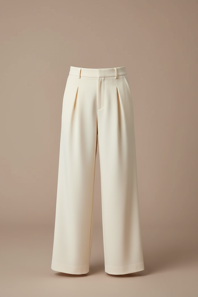 Pantalon Blanc Ample Plissé Taille Haute Fille - Beige Polyester - vue 3
