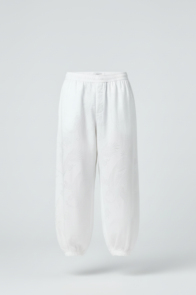 Pantalon Blanc Sarouel Ample Brodé Dragon Homme - Satin - vue 3