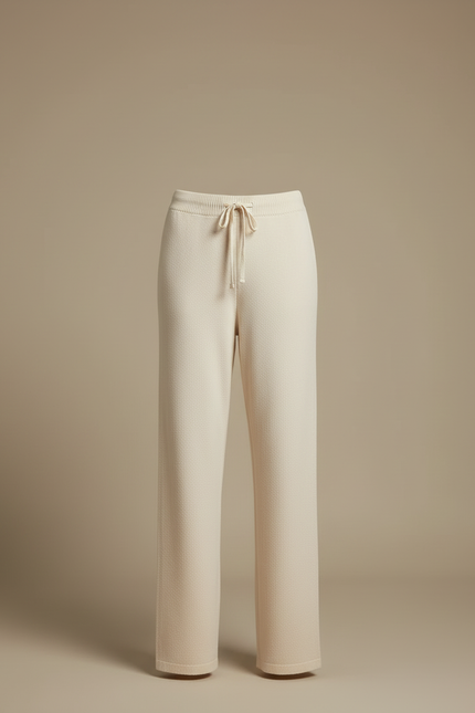 Pantalon Blanc Tricoté Ample Décontracté Femme Fluide - Beige Maille - vue 3