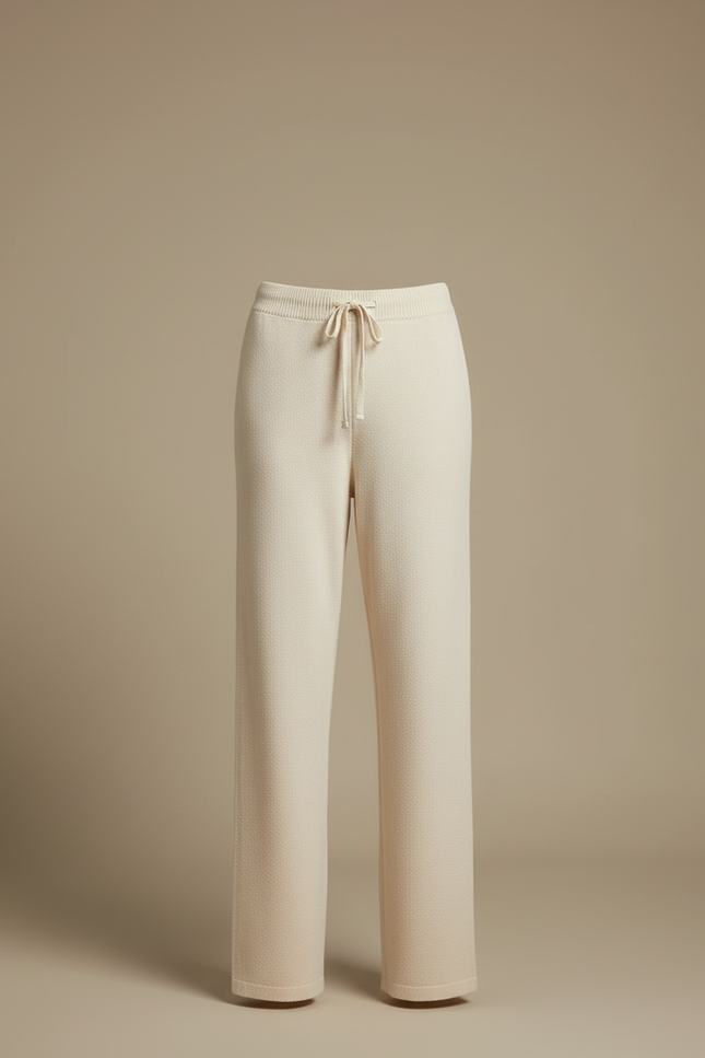 Pantalon Blanc Tricoté Ample Décontracté Femme Fluide - Beige Maille - vue 3