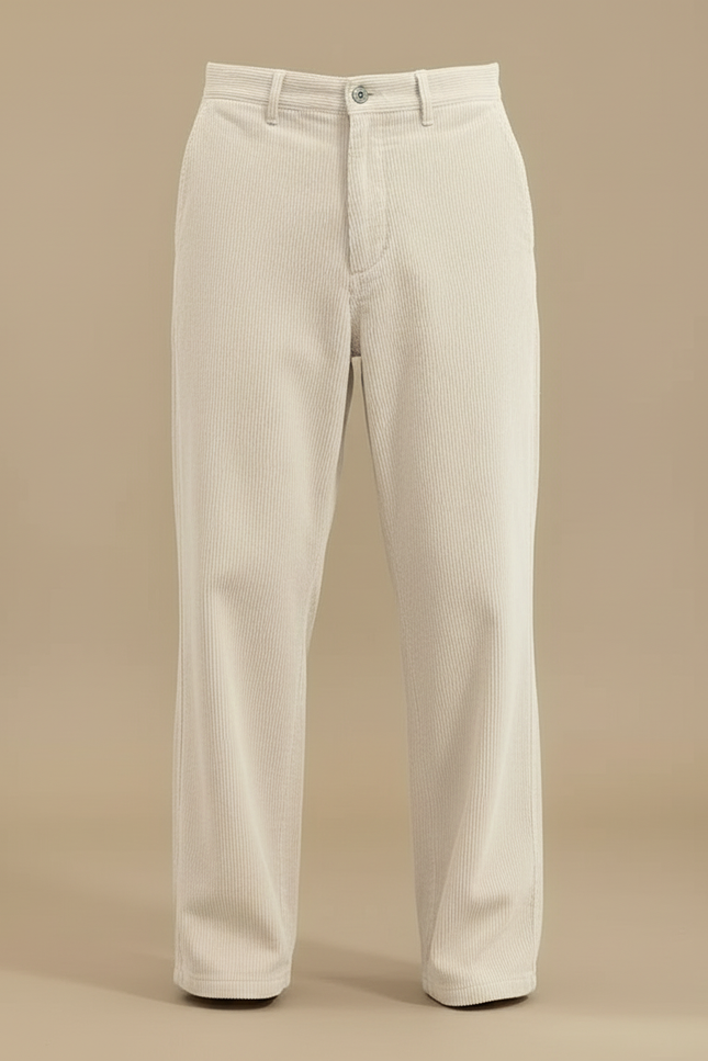 Pantalon Blanc Velours Côtelé Ample Décontracté Homme - Beige Cordé - vue 3