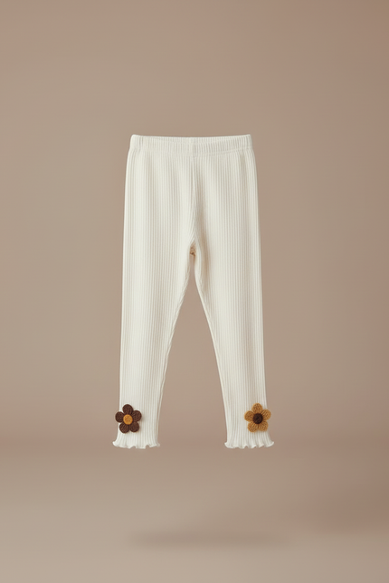 Pantalon Blanc Côtelé Tricoté Fleurs Enfant - Maille - vue 3