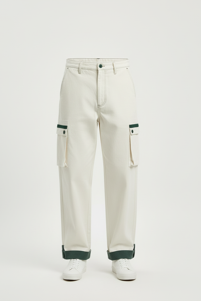 Pantalon Blanc Cargo Ample Coton Homme Streetwear - Toile - vue 3