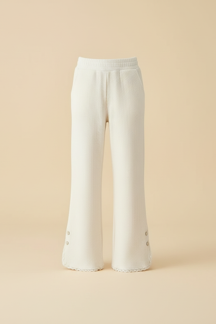 Pantalon Blanc Côtelé Ample Décontracté Dentelle Boutons - Cordé - vue 3