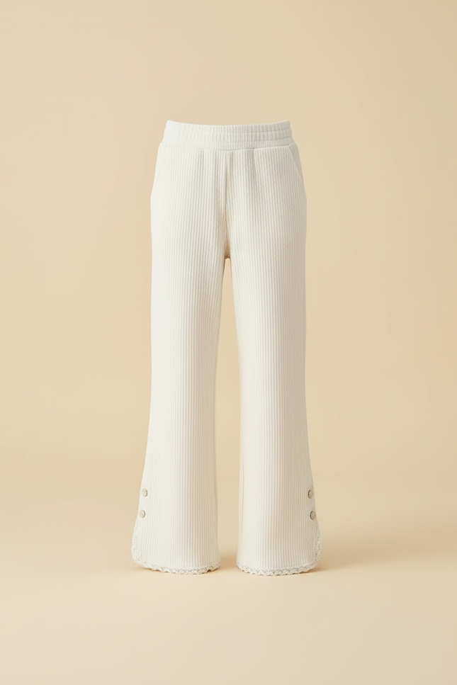 Pantalon Blanc Côtelé Ample Décontracté Dentelle Boutons - Cordé - vue 3