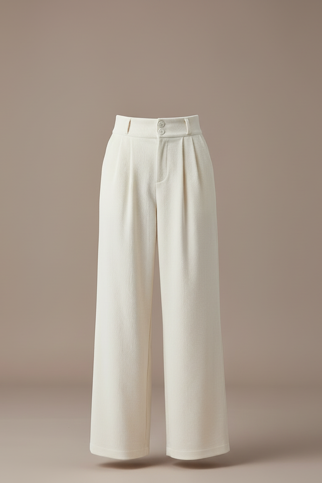 Pantalon Blanc Côtelé Taille Haute Ample Élégant - Cordé - vue 3