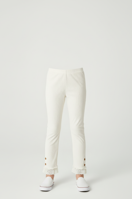 Pantalon Blanc Côtelé Dentelle Boutons Fille Confortable - Cordé - vue 3