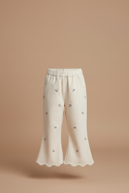 Pantalon Blanc Évasé Brodé Confortable Enfant Fille - Beige Molleton - vue 3