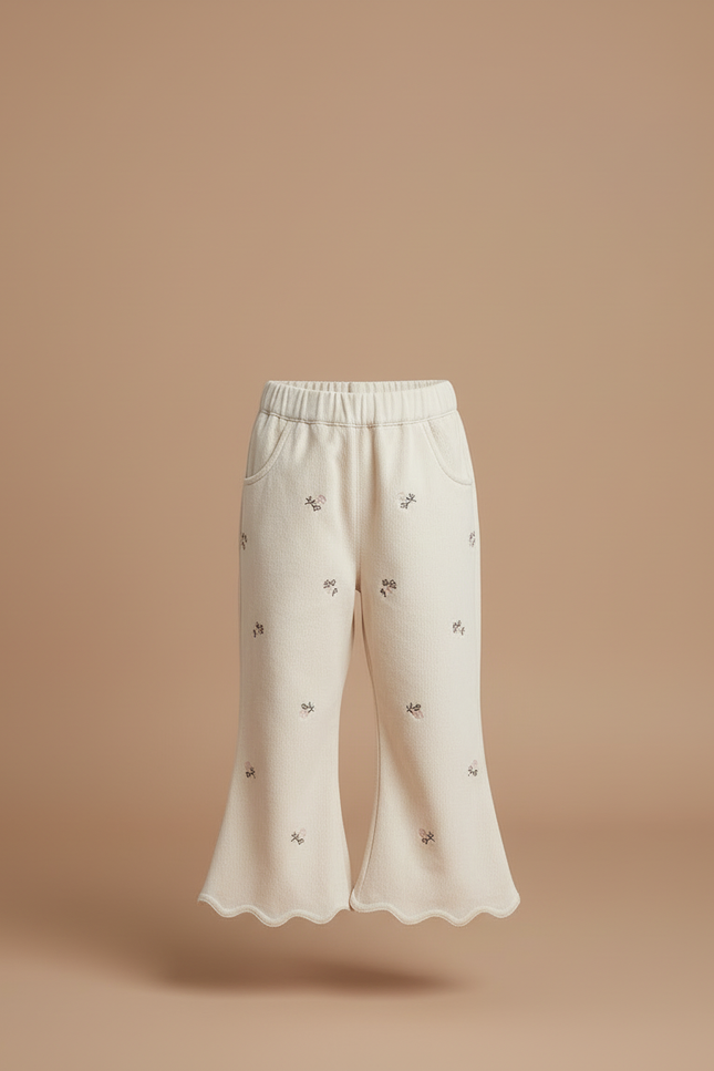 Pantalon Blanc Évasé Brodé Confortable Enfant Fille - Beige Molleton - vue 3