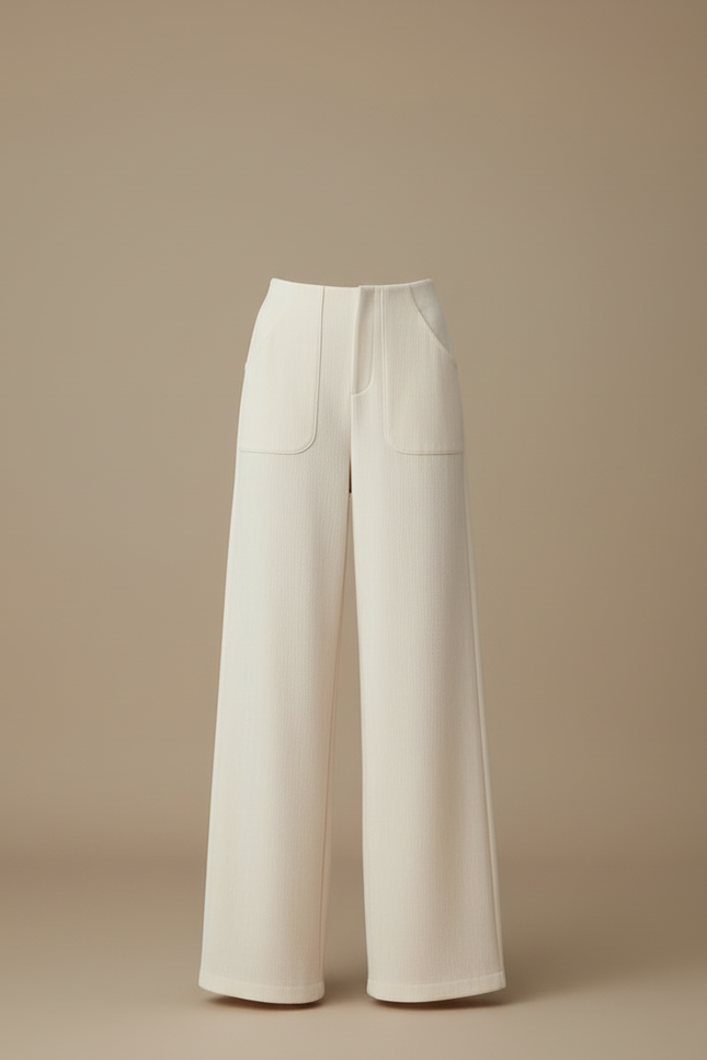 Pantalon Blanc Ample Écru Décontracté Femme Côtelé - Beige Cordé - vue 3