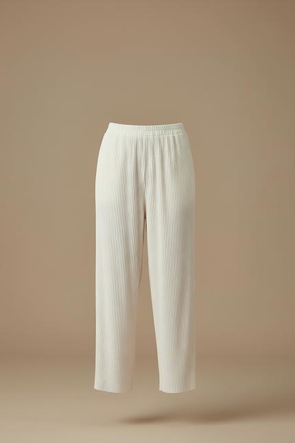 Pantalon Blanc Plissé Ample Fluide Élégant Femme - Polyester - vue 3