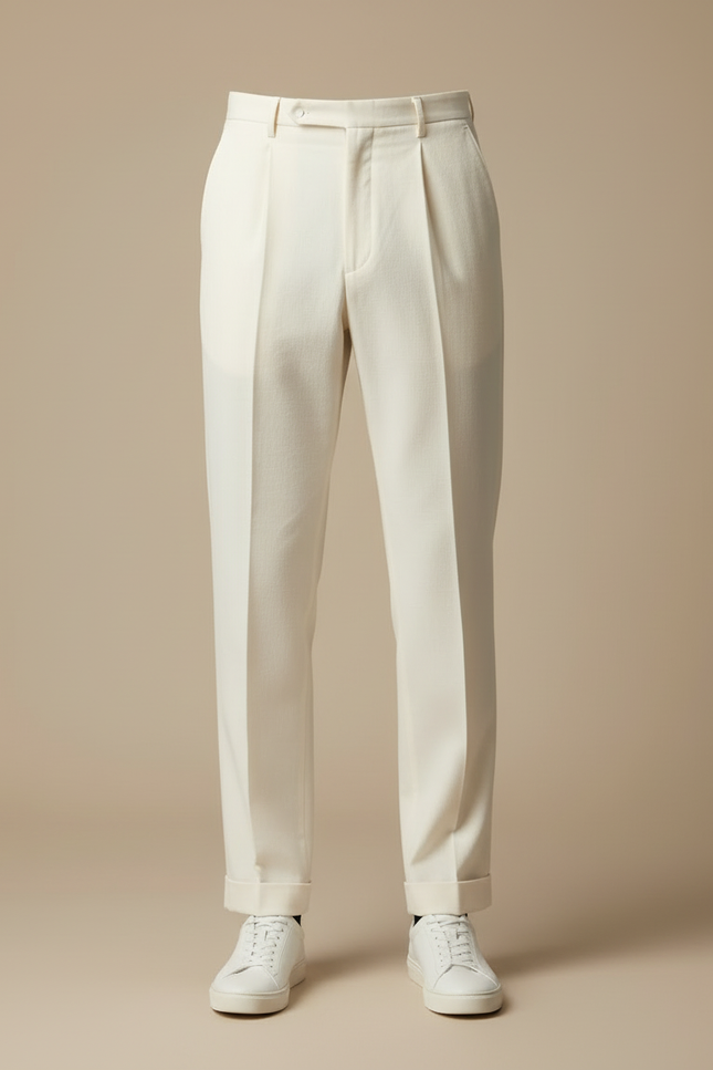 Pantalon Blanc Plissé Droit Élégant Homme Décontracté - Gabardine - vue 3