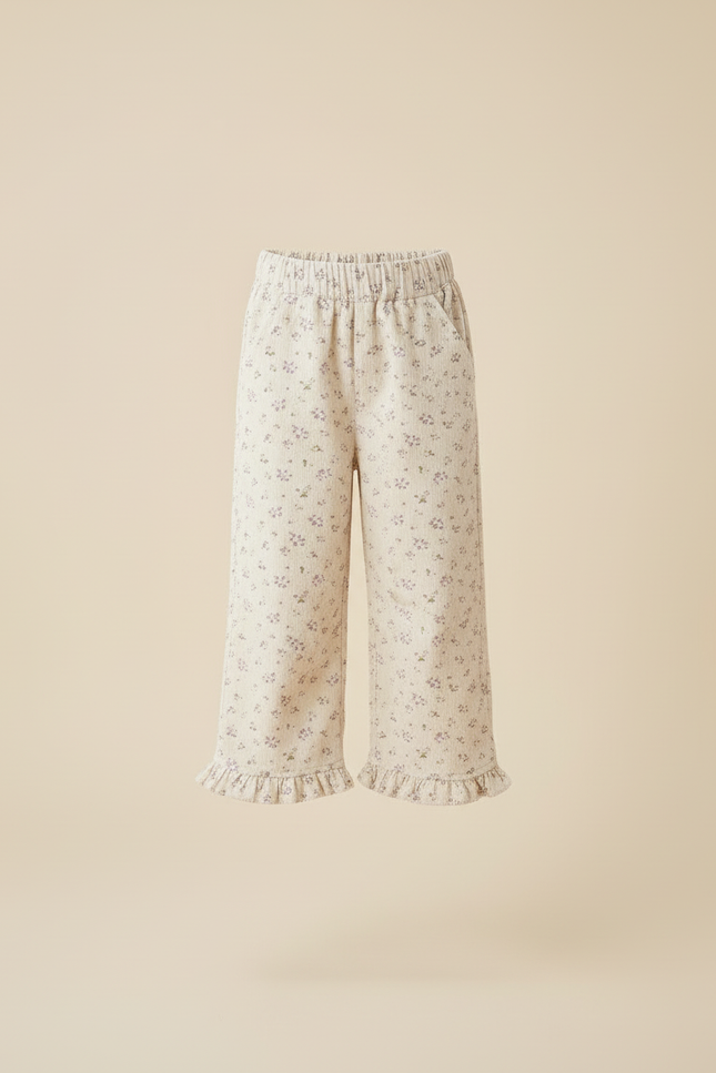 Pantalon Blanc Côtelé Fleuri Ample Fille Volants - Imprimé Cordé - vue 3