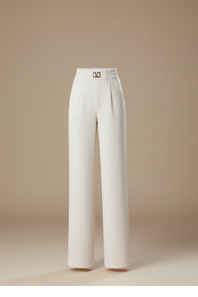 Pantalon Blanc Taille Haute Ample Élégant Fluide - Beige Maille - vue 3