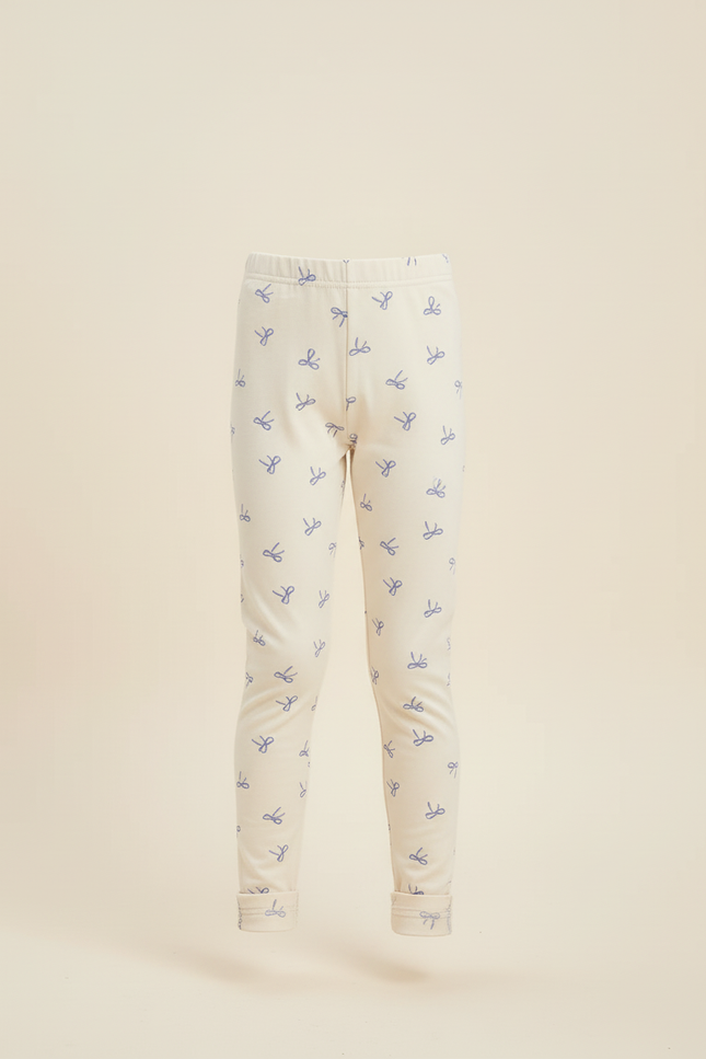 Pantalon Blanc Élastique Coton Slim Imprimé Nœuds Fille - Beige - vue 3