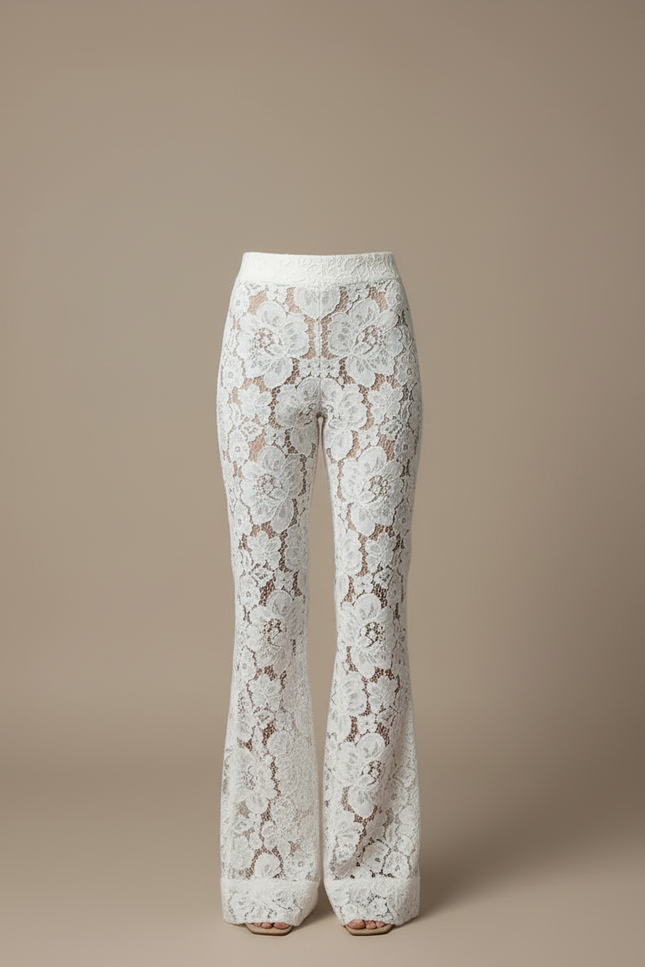 Pantalon Blanc Dentelle Évasé Taille Haute Élégant Fluide - Polyester - vue 3