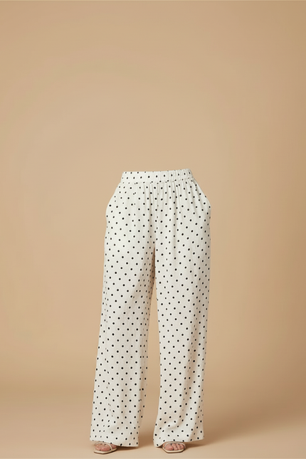 Pantalon Blanc Fluide Ample Taille Haute Pois - Lin - vue 3