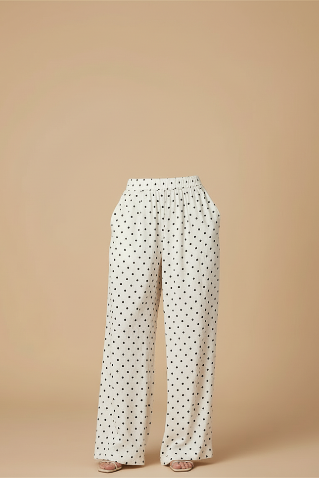 Pantalon Blanc Fluide Ample Taille Haute Pois - Lin - vue 3
