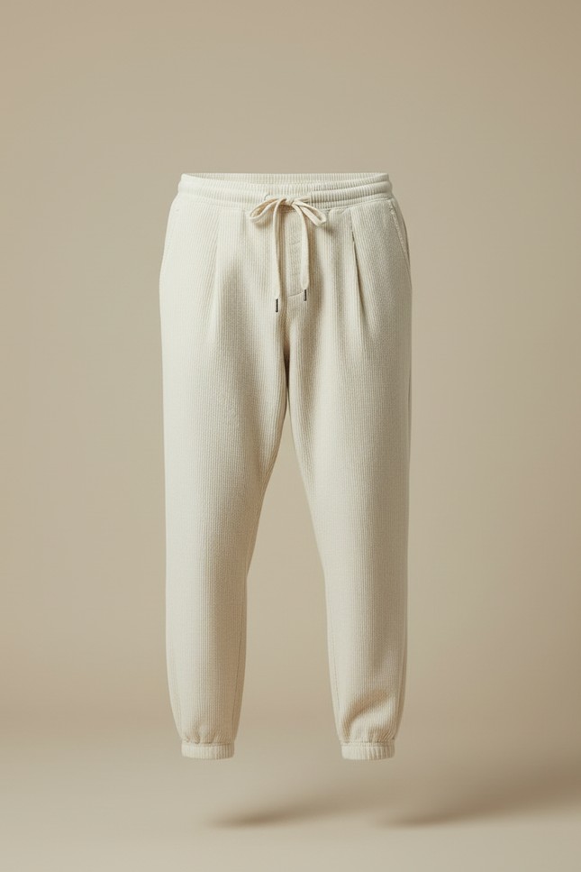 Pantalon Blanc Côtelé Plissé Décontracté Homme Cordon - Beige Cordé - vue 3