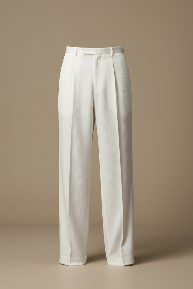 Pantalon Blanc Plissé Ample Droit Élégant Homme - Cordé - vue 3