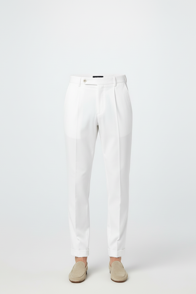 Pantalon Blanc Homme Droit Élégant Décontracté Plissé - Gabardine - vue 3