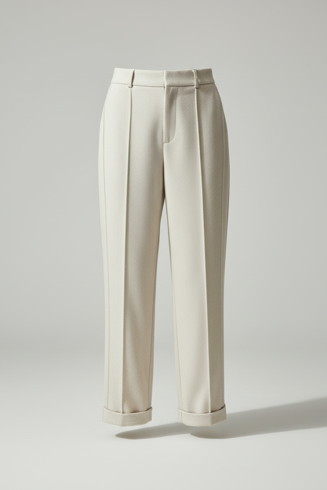 Pantalon Blanc Droit Tweed Texturé Taille Haute - Beige - vue 3