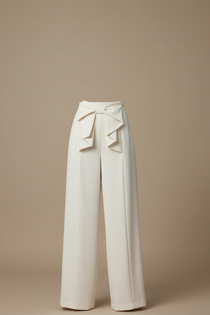 Pantalon Blanc Ample Fluide Nœud Élégant Femme - Beige Polyester - vue 3