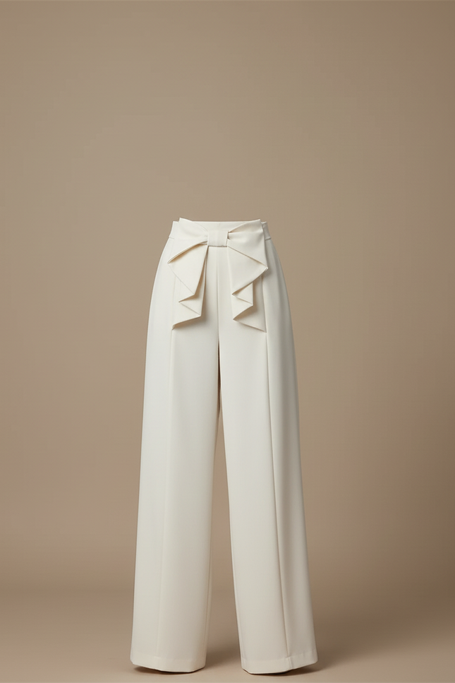 Pantalon Blanc Ample Fluide Nœud Élégant Femme - Beige Polyester - vue 3