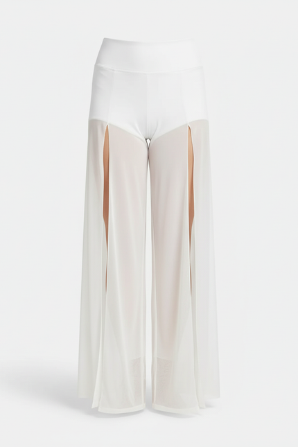 Pantalon Blanc Fluide Transparent Fendu Jambe Large Élégant - Polyester - vue 2