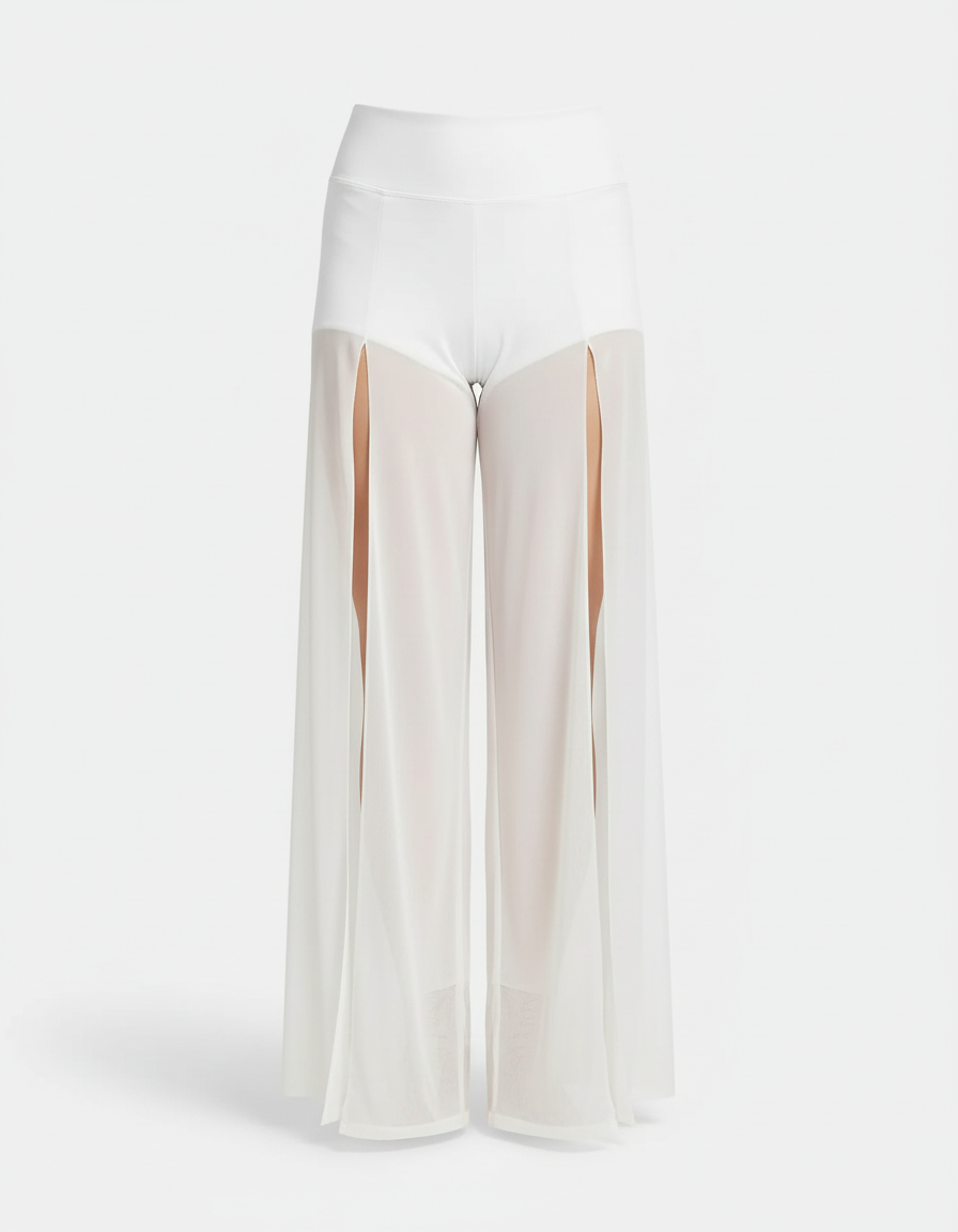 Pantalon Blanc Fluide Transparent Fendu Jambe Large Élégant - Polyester - vue 2