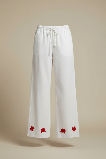Pantalon Blanc Ample Coton Brodé Décontracté Femme - vue 3
