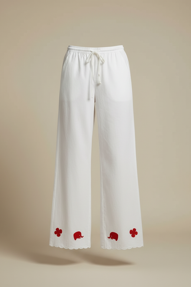 Pantalon Blanc Ample Coton Brodé Décontracté Femme - vue 3