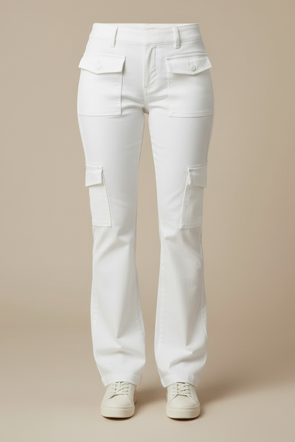 Pantalon Blanc Cargo Évasé Femme Coton Poches - vue 3