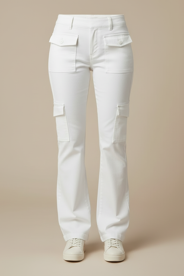 Pantalon Blanc Cargo Évasé Femme Coton Poches - vue 3