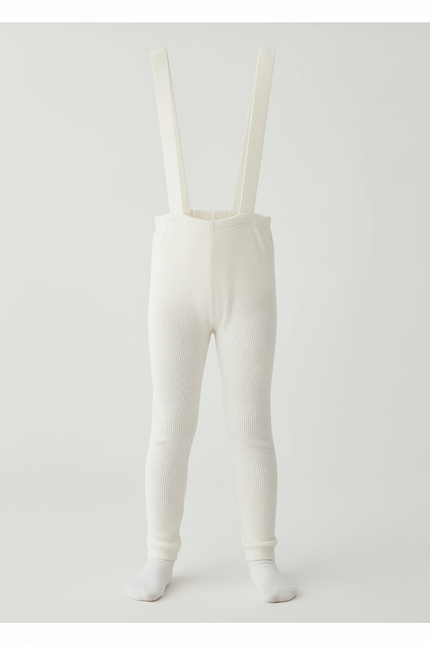 Pantalon Blanc Côtelé Tricoté Bretelles Enfant Fille - Maille - vue 3