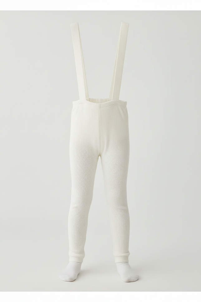 Pantalon Blanc Côtelé Tricoté Bretelles Enfant Fille - Maille - vue 3
