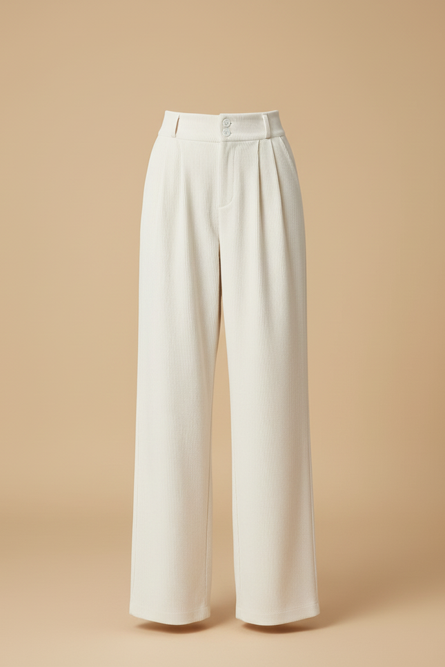 Pantalon Blanc Côtelé Taille Haute Ample Hiver - Beige Cordé - vue 3